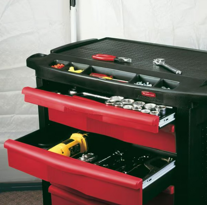 Mobile Work Station, 5 Drawers, 32-5/8 in W x 19-13/16 in D x 33-1/2 in H, Red/Black