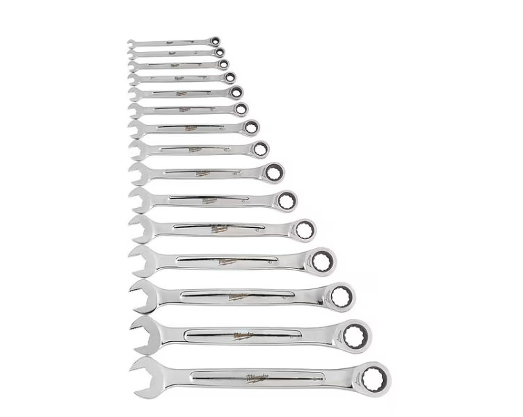 Ratcheting Combination Wrench Set, SAE, 1/4 in to 1 in Head Sizes, 12 Points, 15-Piece