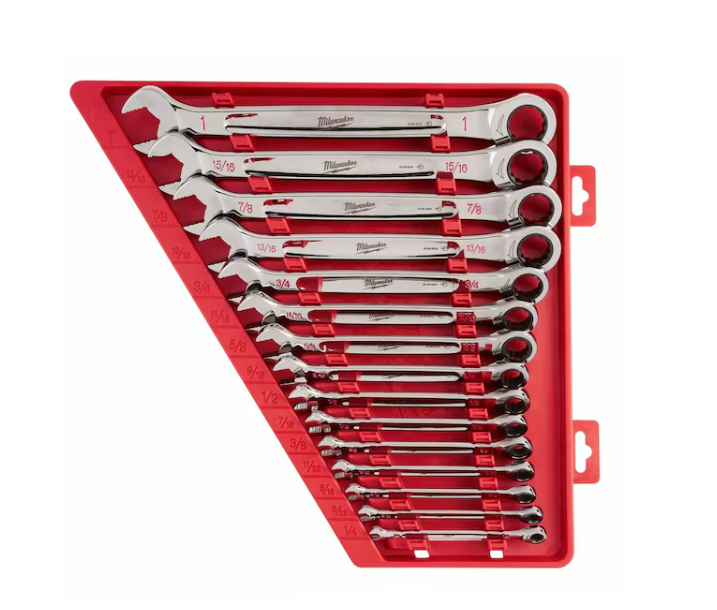 Ratcheting Combination Wrench Set, SAE, 1/4 in to 1 in Head Sizes, 12 Points, 15-Piece